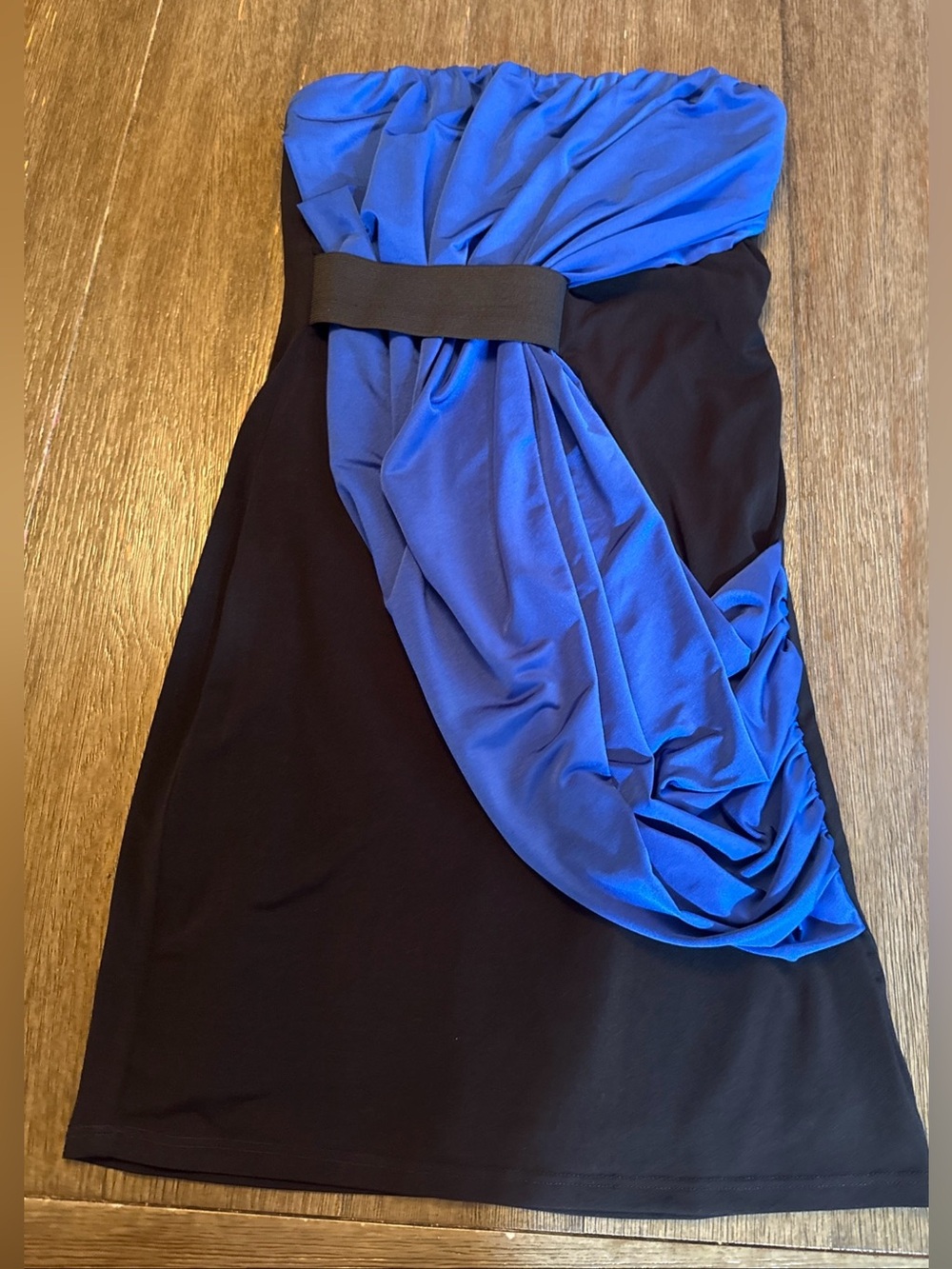 Y2K Roxy Strapless Black Dress with Royal Blue Draped Front